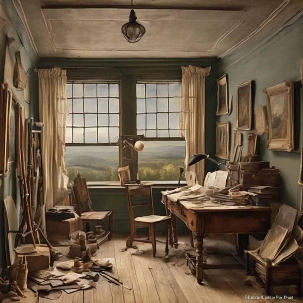 Παλιό εργαστήριο με πίνακες ζωγραφικής, καβαλέτα και παλιά βιβλία, εκπέμπει δημιουργικότητα και πειραματισμό με καλλιτεχνικά υλικά, ιδανικό για λάτρεις της τέχνης και της δημιουργίας.