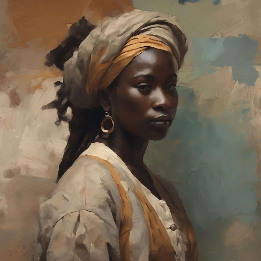 Μοντέρνο πορτρέτο γυναίκας με παραδοσιακά υλικά, ζωγραφισμένο με έντονα χρώματα και σύγχρονη τεχνική, εξερευνώντας την τέχνη πειραματισμού με υλικά σε έργα τέχνης.