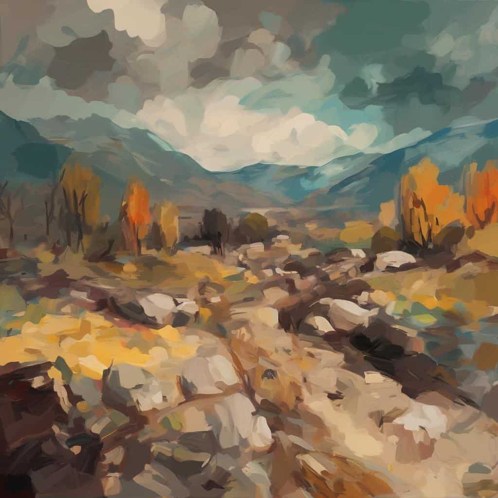 Εναλλακτικό κείμενο: Ζωγραφική τοπίου με πειραματισμό υλικών, βουνά, δέντρα και πέτρες, σε εντυπωσιακό πίνακα με αυθάδεις πινελιές και ζωηρά χρώματα.